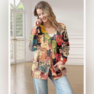 YESNO Novelty Cat Graphic Oversized V-Neck Cardigan Sweater